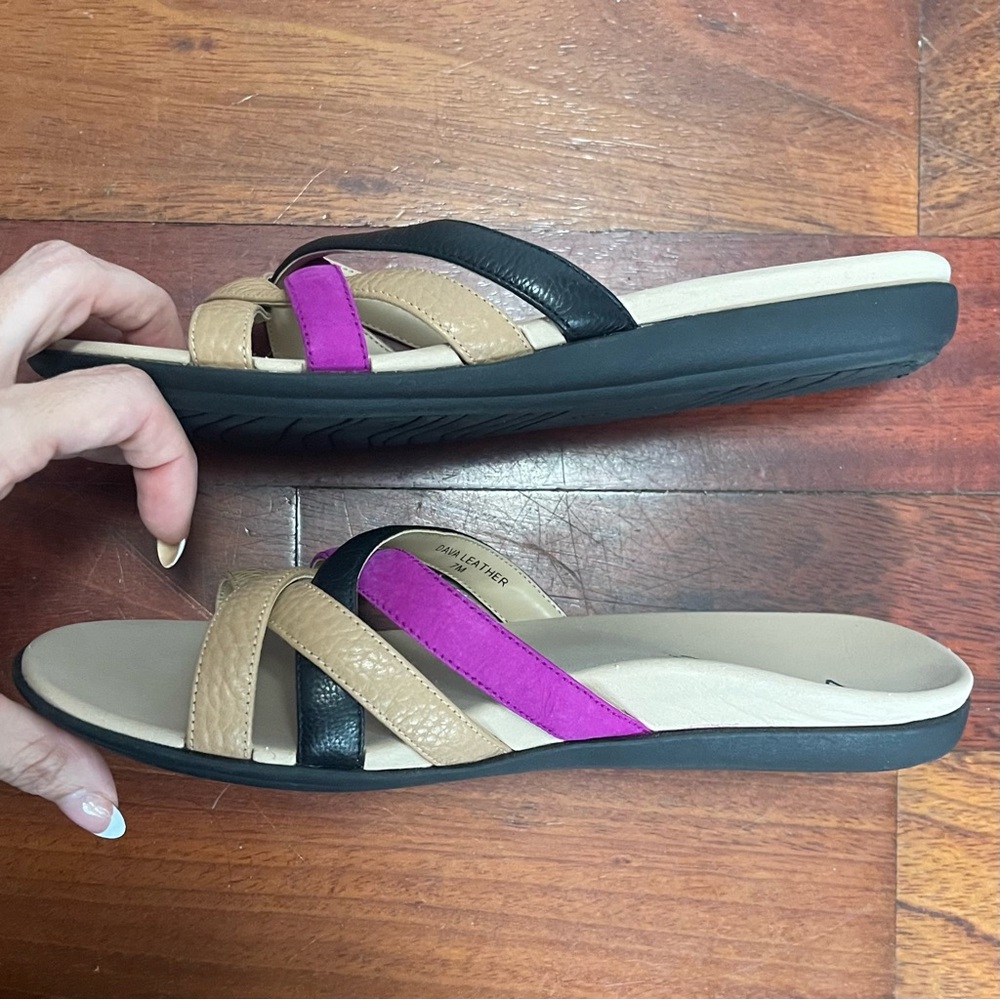 Vionic Dava Leather Sandals Size 7 Flats Strappy Summer Black Tan Purple - Picture 8 of 11